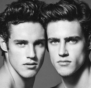 handsome twin male models headshot black and white